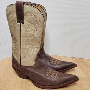 RUDEL Snip Toe Brown Beige Cowgirl Boots 2" heel Women's Size 7 Like New